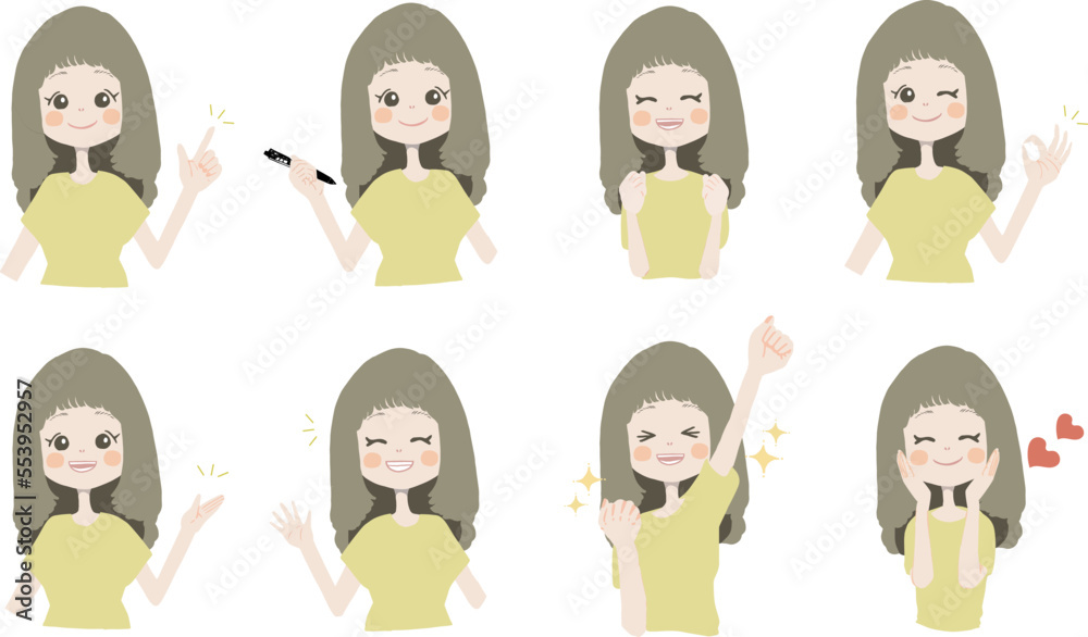 【おすすめ、ペン持ち、ガッツ、OK、どうぞ、手振る、美味しい】表情とポーズのバリエーションセット