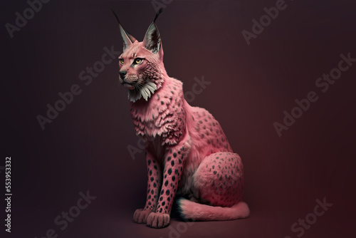 pink lynx sit majestically isolated on clean colorful background, space for text,generative ai