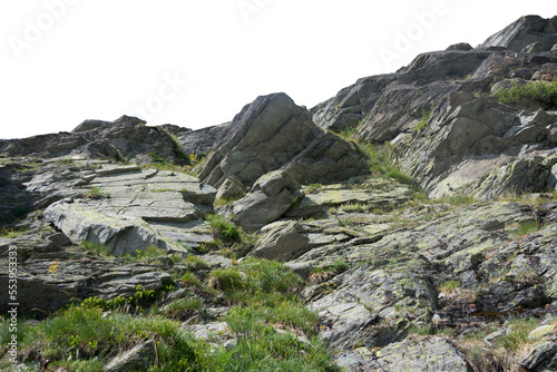 Isolated PNG cutout of a mountain in summer in the Alps on a transparent background, ideal for photobashing, matte-painting, concept art