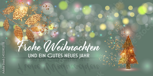 Bokeh und Glitzer Hintergrund mit Lichteffekten. Weihnachts- und Neujahrsgrußkarte - Banner mit goldenen Pflanzen und Auflösungseffekt. Happy New Year!