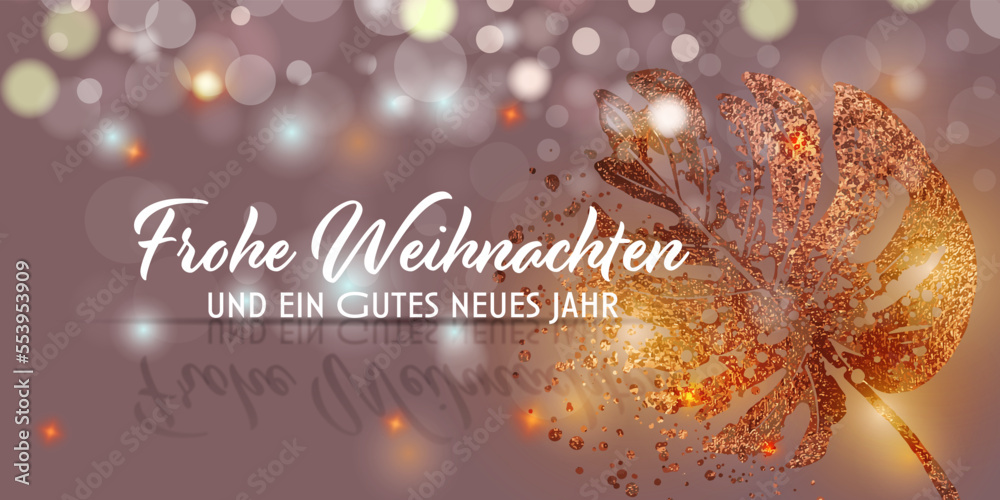Bokeh und Glitzer Hintergrund mit Lichteffekten. Weihnachts- und Neujahrsgrußkarte - Banner mit goldenen Pflanzen und Auflösungseffekt. Happy New Year!