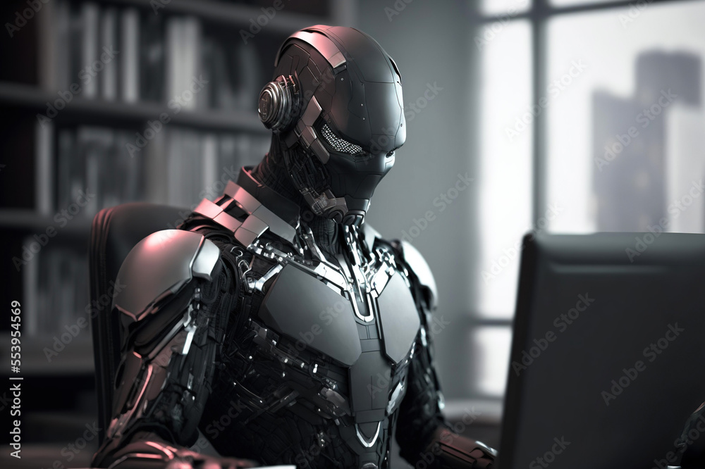 Mange farlige situationer enkel Moderne Future cyborg robot in black suit working, Digital art. Artificial  intelligence and work, vivid color. Stock Illustration | Adobe Stock