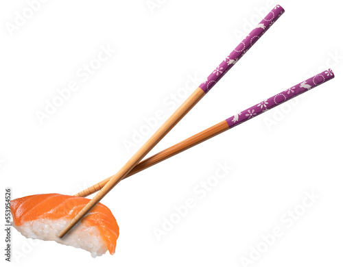 chopsticks holding a piece of sushi