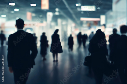 Sillhouette of businesspeople at trade fair walking in exhibition hall (Generative AI)