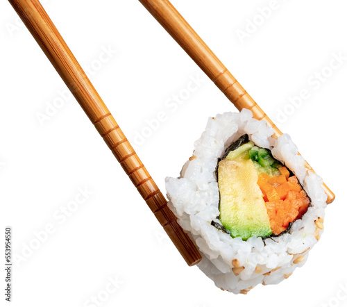 chopsticks holding a piece of sushi California