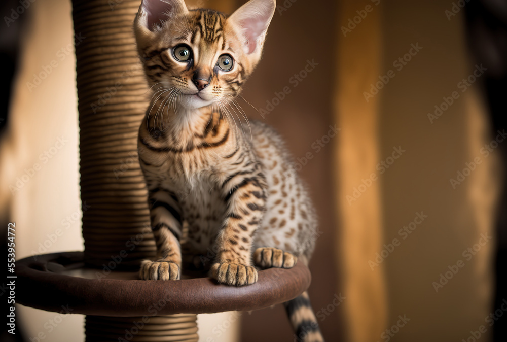 Bengal kitten in portrait playing on top of cat tree at home. Generative AI