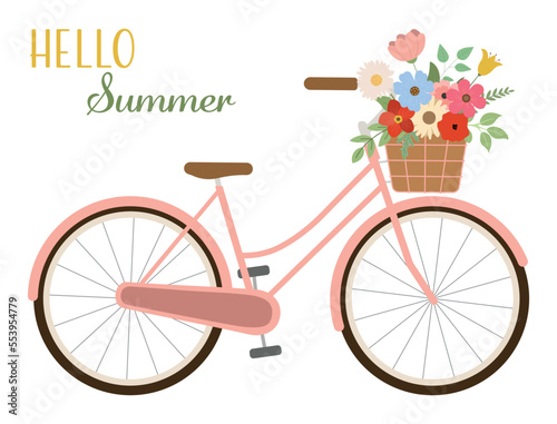 Summer pink floral bike. Isolated on white background. Vector illustration. Valentines Day retro bicycle