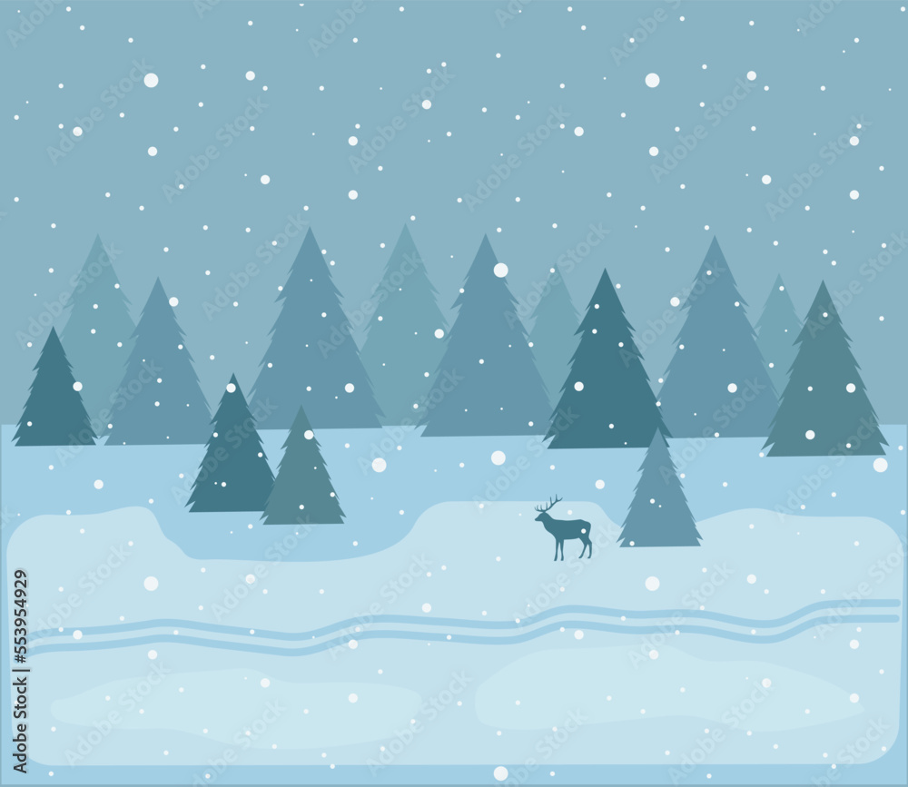 Vector winter landscape with snowfall and deer. Beautiful background for your seasonal and Christmas design.