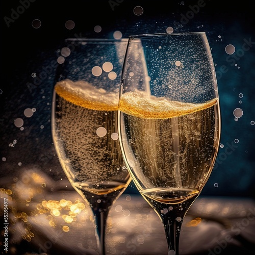 Christmas and New Year celebration with champagne. New Year holiday decorated table. Two Champagne Glasses, AI Generative