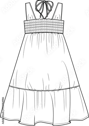 GIRLS WEAR SMOCKED RUFFLE DRESS VECTOR FLAT DESIGN SKETCH