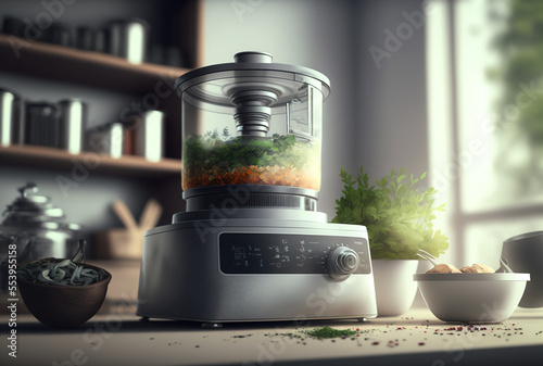 Modern culinary gadget in the interior of the kitchen food processor. Generative AI photo