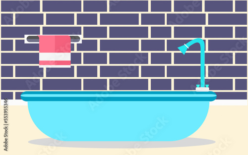 Interior of the bathroom with shower bathtub and towel. vector illustration.