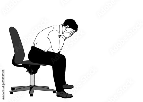 椅子に座って悩むサラリーマン男性のイラスト 全身横向き