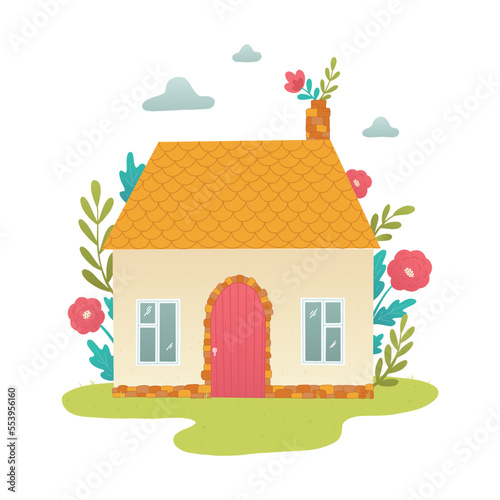 cute hand drawn countryside house decorated with flowers and leaves. Good for nursery posters, prints, greeting cards, signs, stickers, etc. EPS 10