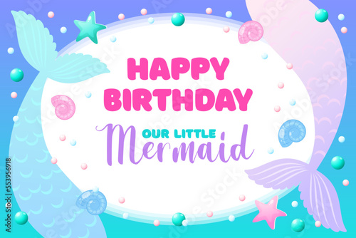 Under the sea baby shower backdrop. Birthday party background with mermaid tails on a blue gradient background. Vector illustration 10 EPS.