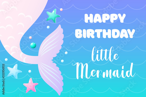 Under the sea baby shower backdrop. Birthday party background with mermaid tails on a blue gradient background. Vector illustration 10 EPS.