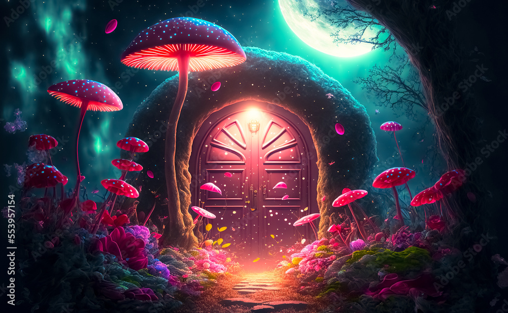 Fantasy enchanted fairy tale forest with magical opening secret door ...