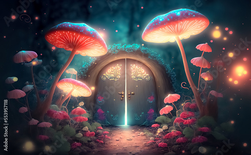 Fantasy enchanted fairy tale forest with magical opening secret door and mystical shine light outside the gate, mushrooms, and fairytale butterflies	 photo