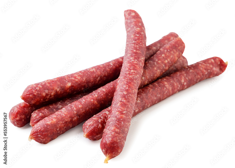 Thin sausages close-up on a white background. Thin sausages close-up on a white background.