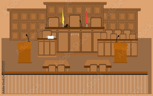 Court Room Interior with Judge or Jury Table, Flag and Wooden Judge's Hammer, justice room