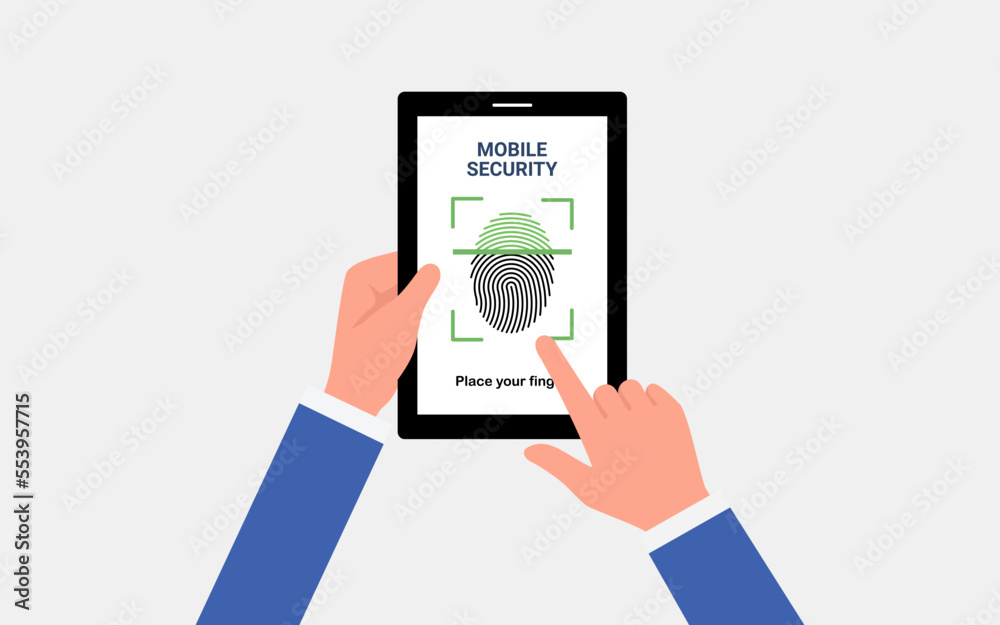 Hand holding smart phone with process of scanning fingerprint on the screen. vector illustration Hand holding smart phone with process of scanning fingerprint on the screen. vector illustration