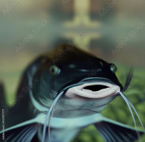 Close up of shiny brown catfish in water over blurred background created using Generative AI technology