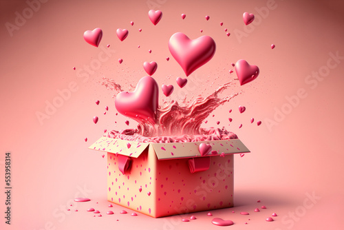 Gift box with floating hearts and splash on pink background. Valentine's day concept. Generative AI image