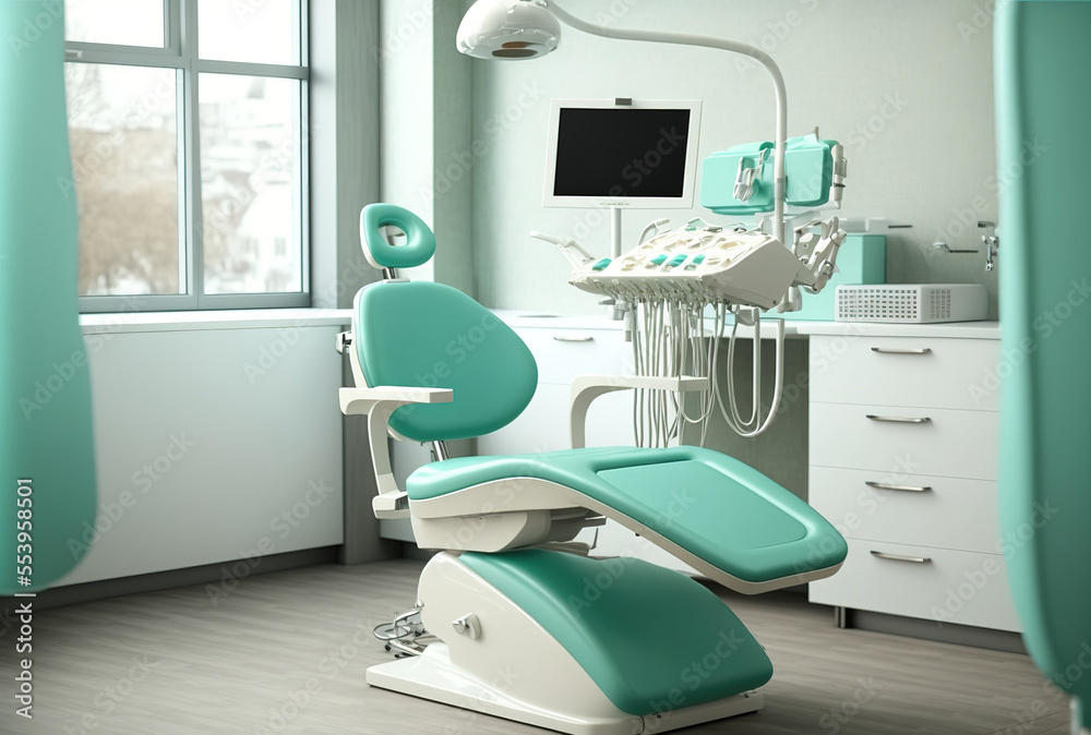 Background of interior dental accessories with close up dental equipment in dentist chair in new, contemporary stomatological clinic office. Generative AI