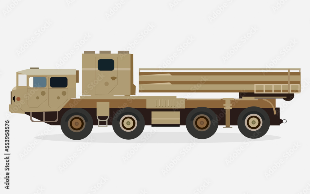Obraz premium Rocket Launcher, Military Truck Army Machine Flat Vector Illustration.