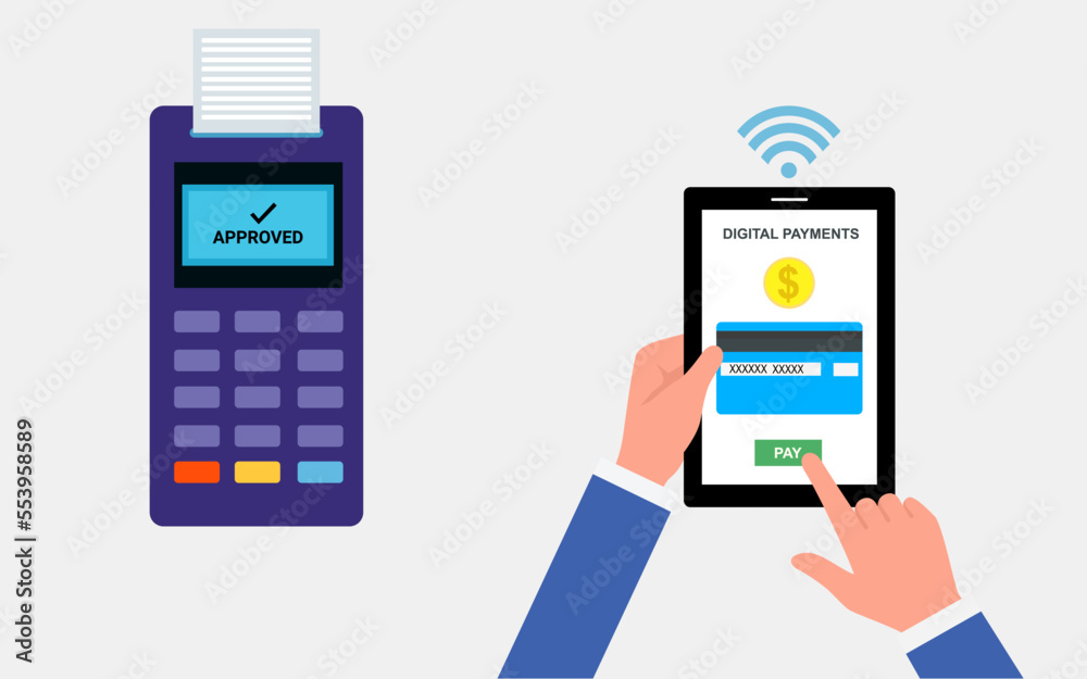 Online and mobile payments pos terminal confirms the payment using a smartphone, Mobile payment, online banking.