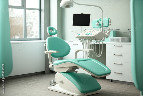 Background of interior dental accessories with close up dental equipment in dentist chair in new  contemporary stomatological clinic office. Generative AI