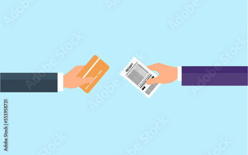 Hand holding credit card and getting receipt exchange receipt and card vector illustration.