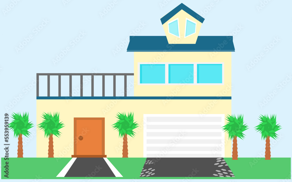 House with closed garage real estate townhouse. front view flat illustration.