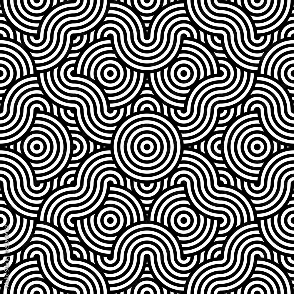 Seamless pattern with twisted lines vector linear tiling background stripy weaving optical maze twisted stripes.Black and white design.Stripy seamless pattern with woven lines geometric abstract.