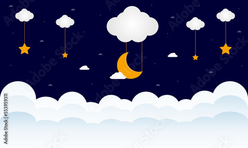 Sweet dreams. Crescent moon, clouds and stars on night background. Vector illustration.