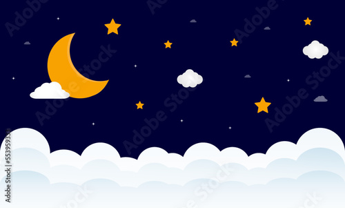Sweet dreams. Crescent moon, clouds and stars on night background. Vector illustration.