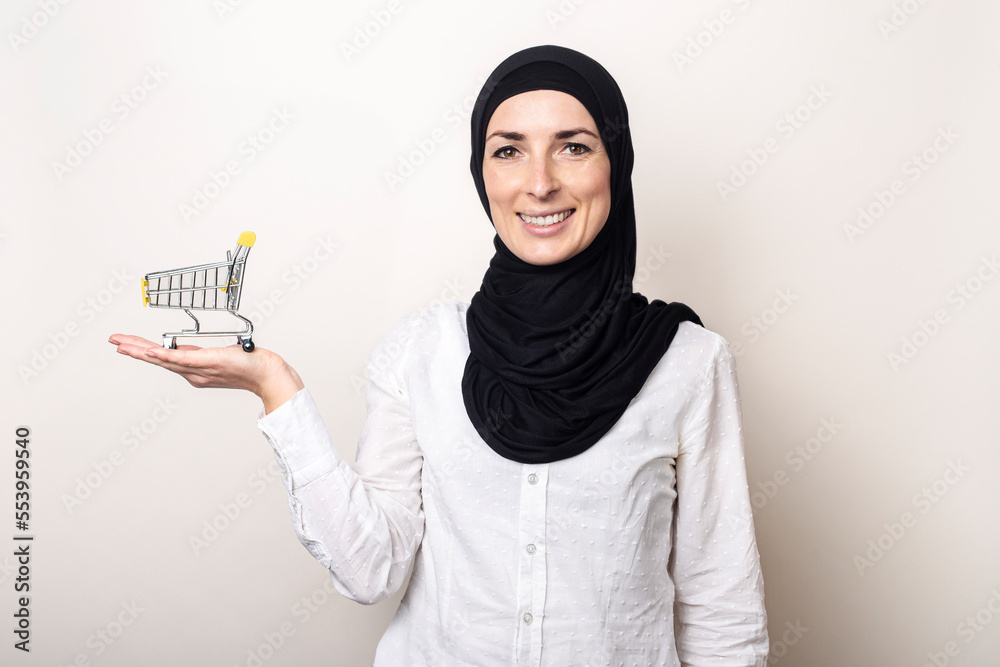 Young woman in hijab holding a shopping trolley on a light background Young woman in hijab holding a shopping trolley on a light background
