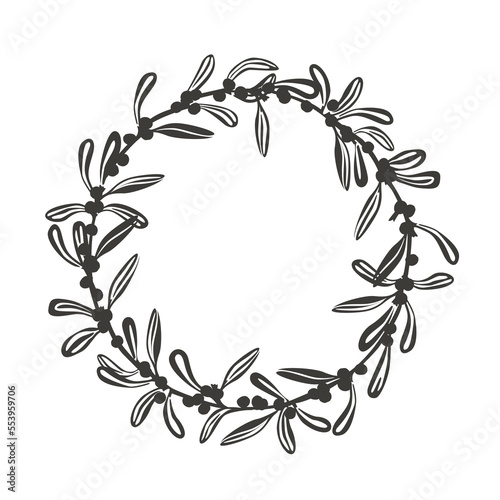 Christmas wreath with mistletoe branches, black outline silhouette frame. Vector illustration isolated on white.