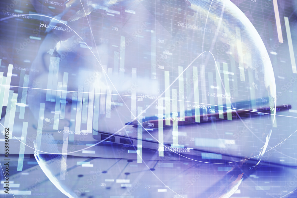 Double exposure of business theme icons and work space with computer background. Concept of success. Double exposure of business theme icons and work space with computer background. Concept of success.