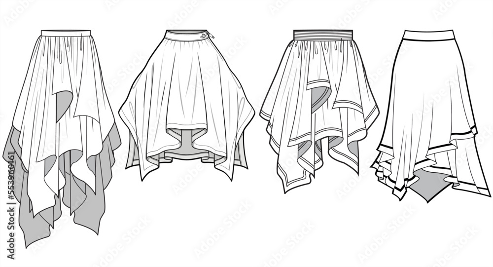 Handkerchief Skirts, Asymmetric Hem Skirts Sets Fashion Illustration ...