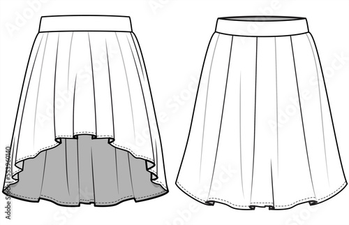 Back Long Short Skirt, Dipped Hem Skirt Front and Back View. Fashion Illustration, Vector, CAD, Technical Drawing, Flat Drawing, Template, Mockup.	  