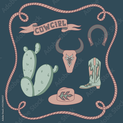 Retro cowgirl set: boot, hat, cactus, rope, bull skull, horseshoe and lettering. Vector illustration for you design.