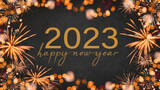 HAPPY NEW YEAR 2023 - Festive silvester New Year's Eve Party background greeting card - Frame made of orange fireworks in the dark black night.