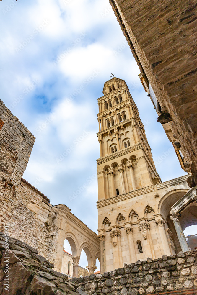 View on the Diocletian’s Palace in Split, Croatia. Saint Domnius Bell Tower - an emblem of the city Split, Croatia. Romanesque style ancient architecture.