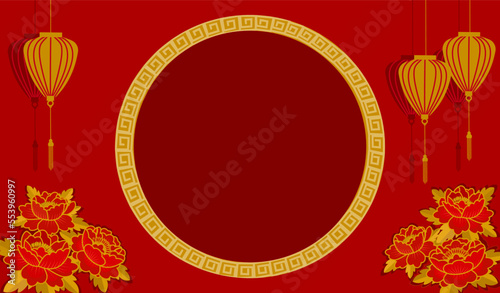 Happy Chinese New Year vector illustration, red golden peony flower blooming with hanging shine lantern, lucky oriental Asian style background with blank space copy for text.