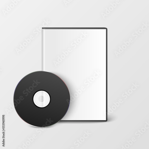 Vector 3d Realistic Black CD, DVD with Plastic Cover, Envelope, Case Isolated. CD Box, Packaging Design Template for Mockup. Compact Disk Icon, Front View