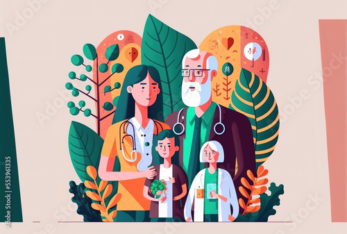 Family doctor concept healthcare, contemporary medicine, treatment expertise, and diagnostic medical specialist in the same medical treatment and recovery flat illustration. Generative AI