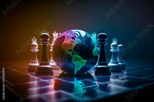 Concept of geopolitics or worldwide economy. chess figures placed on map banner photo