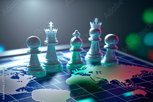 Concept of geopolitics or worldwide economy. chess figures placed on map banner photo