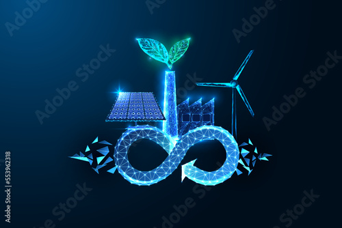 Circular Economy concept in futuristic glowing style with renewable energy sources and green factory